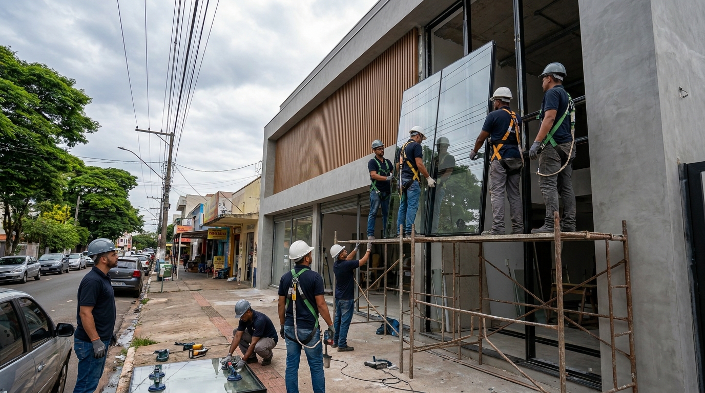 Fachada de vidro com andaime lateral em Praia Grande-SP