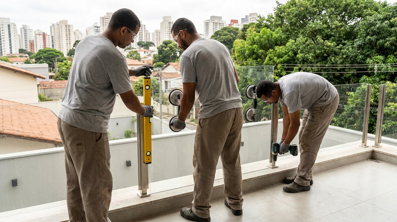 Guarda-corpo em terraço alto com vista cidade em Praia Grande-SP